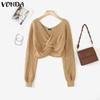 VONDA Women Casual Autumn V Neck Long Sleeve Twisted Cropped Sweaters Knitwear