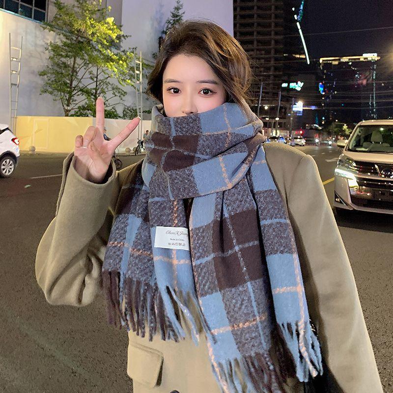 New Style Purple Scarf for Women Imitation Cashmere Warm High-value Plaid Thick Tassel Blue Scarf Versatile Style Korean Style Thick