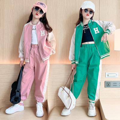Conjunto de 2 peças de moletom com letras bomber e calça de corrida para meninas da primavera