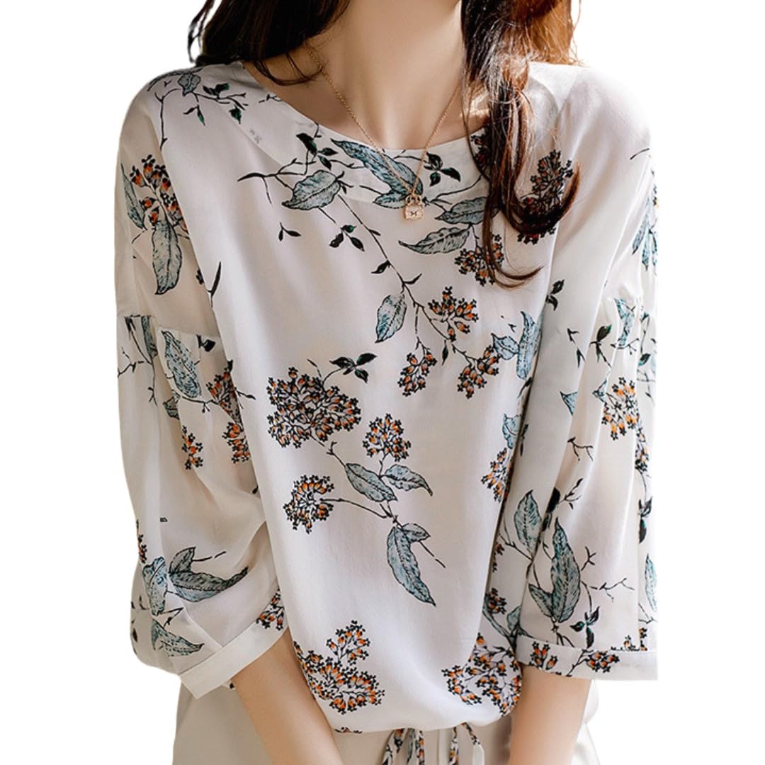 

Sheer Floral Blouse with Botanical Round Drawstring Loose and Covers Upper Size S ROSELUCA. Women s 3/4 Sleeves, Print, Neck, Detail, Lightweight, белый
