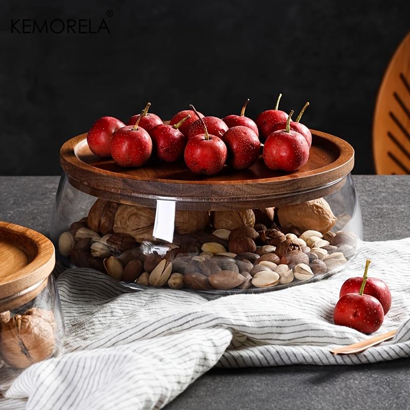 Wooden Trays Glass Bowl Nuts Fruits Food Container Cereals Jar Double Layer Candy Jars with Wooden Lid Home Kitchen Storage Box