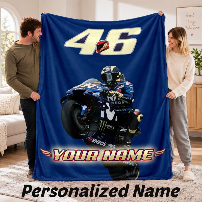 Custom Name Valentino Rossi Flannel Throw Blanket Personalized Text Soft Blanket Bed Sofa Gift