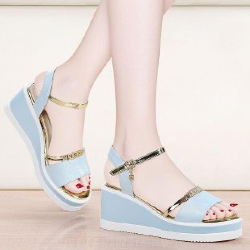 Soft Leather Sandals Women's Summer New Wedge Heel Sandals Versatile Comfortable Medium Heel Thick Sole Korean Version of High Heel Women's Shoes Tide