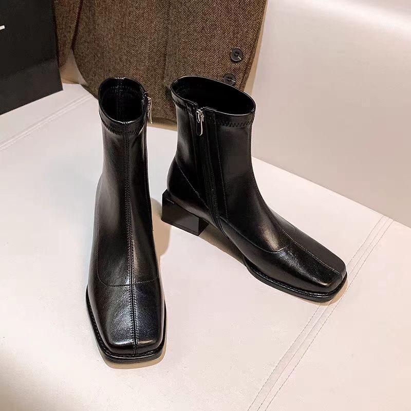 New Autumn Winter Versatile Boots Fangtou Outdoor Anti Slip Shoes Thick-heel Women's Elastic Boots Woman Shoes High Boot Botas