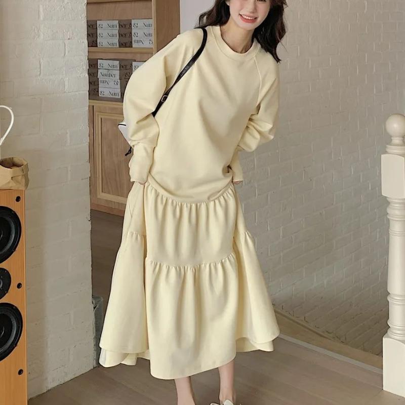 Ruffled Long Sleeve Long Dress Spring Autumn Loose Fit Tummy-Hiding Slimming A-Line Skirt