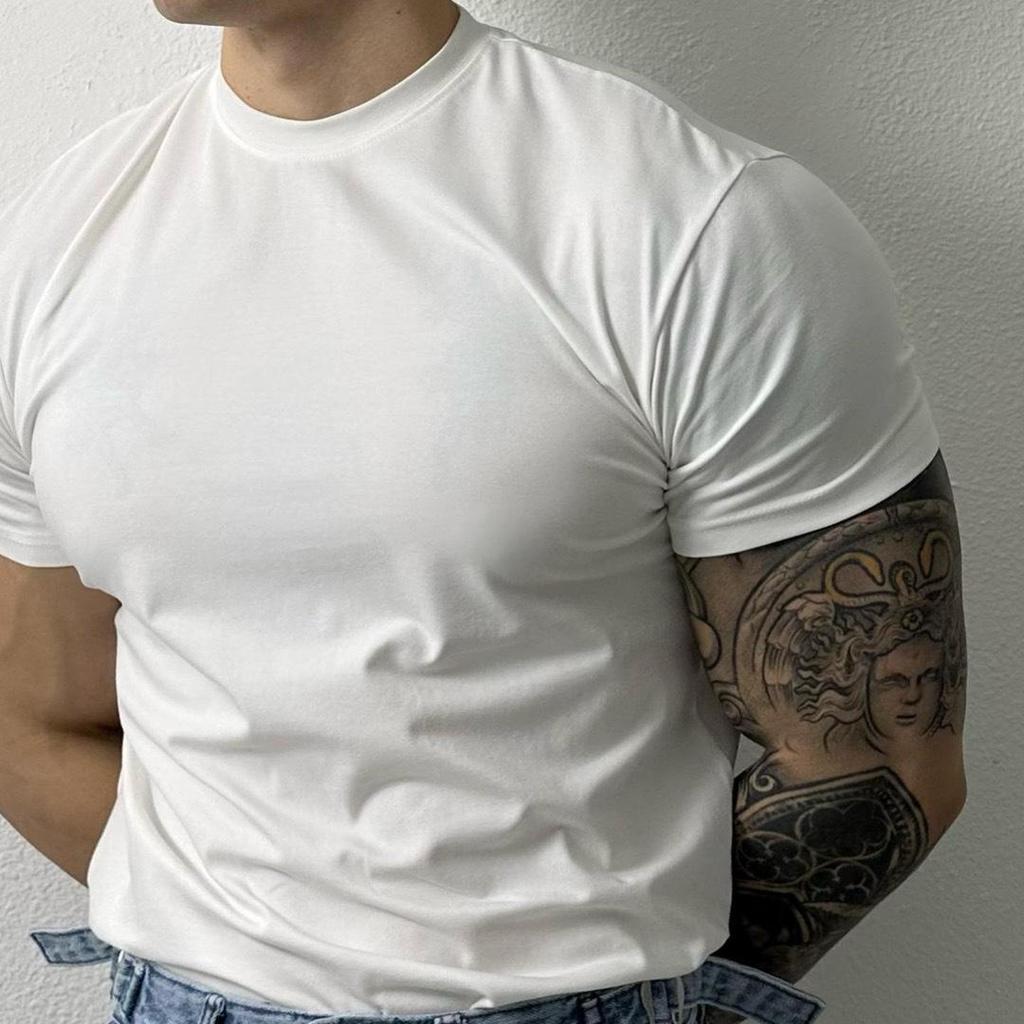 Camiseta de Fitness Masculina de Manga Curta com Secagem Rápida e Decote Pequeno