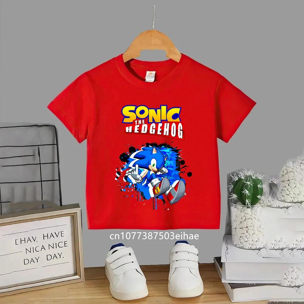 Summer Short Sleeve Kids TShirt Anime Sonic Cartoon Pattern Round Neck Casual Fashion Comfortable Breathable Daily Play Clothes