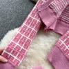 Süßes Mädchen Elegantes gestricktes 3-teiliges Set für Frauen Kurze Strickjacke Niedliche Weste Minirock Weiblicher Vintage Hohe Taille Plaid Partyanzug