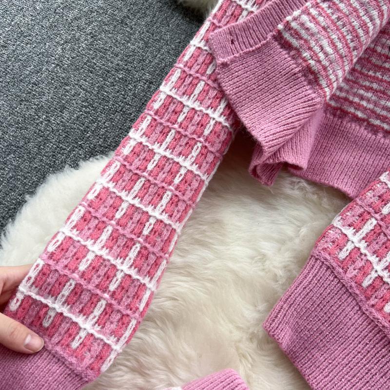 Süßes Mädchen Elegantes gestricktes 3-teiliges Set für Frauen Kurze Strickjacke Niedliche Weste Minirock Weiblicher Vintage Hohe Taille Plaid Partyanzug