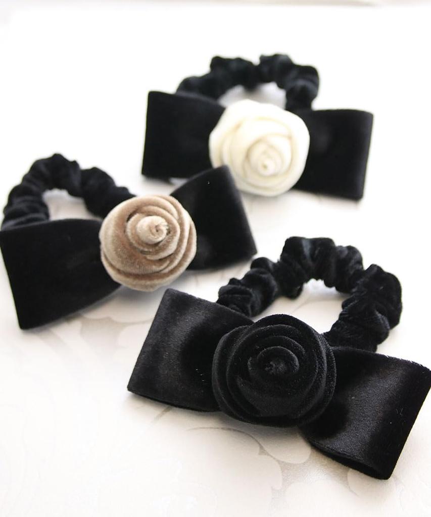 VINGTAINE Rose Scrunchie Hair Tie with Ribbon and Flower Design for Cute and Elegant Hair Velvet, Updos, Accessory, Gift, H7744-BK