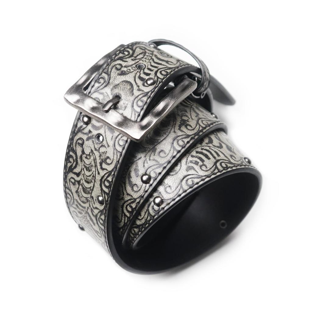 BELTMIX Arabesque Embossed with Single and Black or Casual Style Men's Belt, Studs, Pin, Eyelets, Brown, (Design 2, Black)