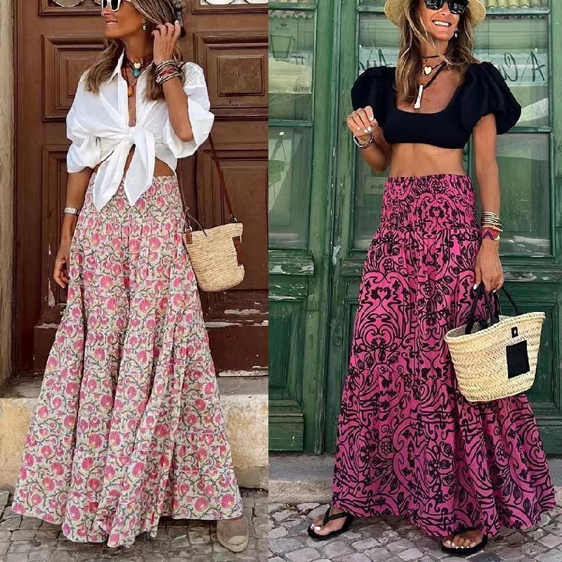 Fashion New Vintage Floral Print Skirt Women High Waist Elegant A Line Casual Skirts Female Summer Beach Loose Lady Long Shirt Women Clothing 24351