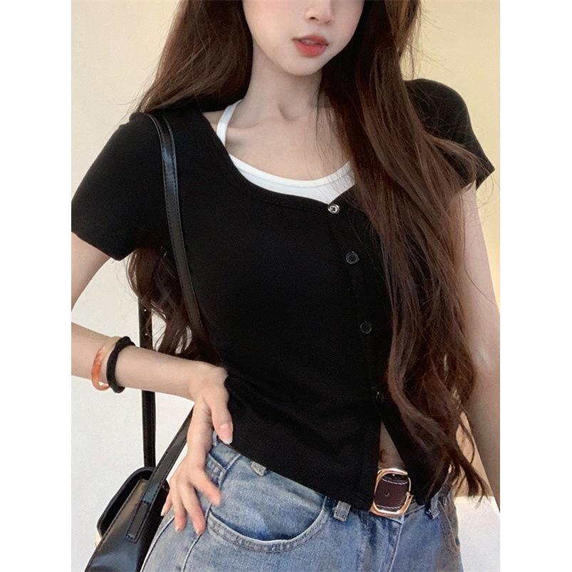 Women's V Neck Short Sleeve Fake Two Piece Top Slim Fit Sweet Style Crop Blouse