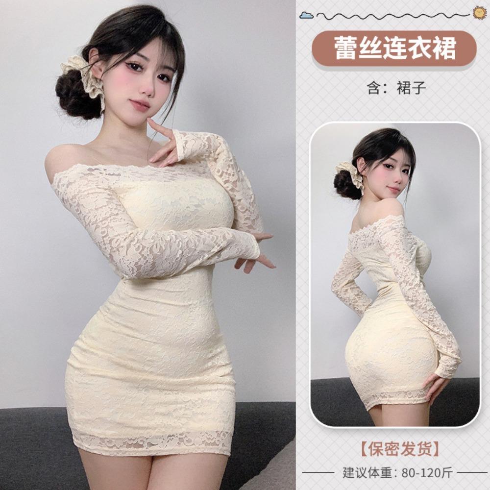 Domila's New Erotic Pure Lust Style Lace Temperament One-word Shoulder Dress Women's Sexy Tight Hip Skirt