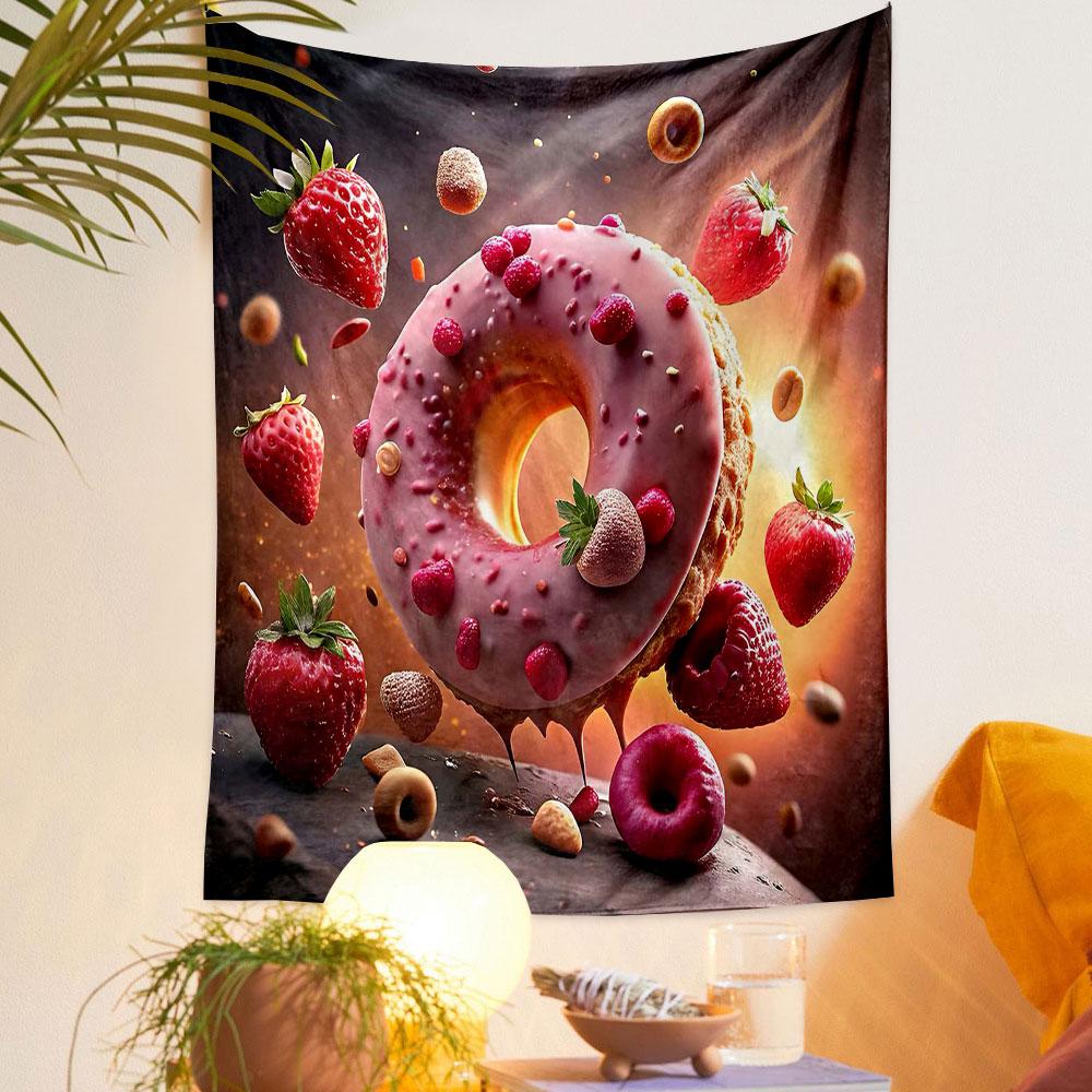 "Strawberry Donut Explosion Art Print" Patterned Tapestry Decorative Wall Hanging, Home Bedroom Living Room Decor