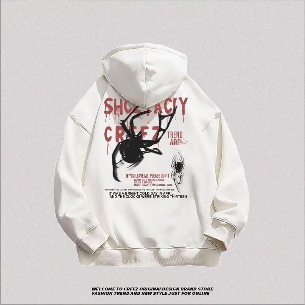 Men's Trendy Spider Print Velvet Hoodie - Autumn/Winter Loose Fit, High-End Feel, Couple's Outerwear.