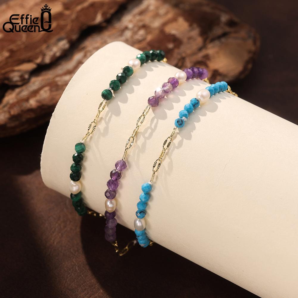 Effie Queen S925 Silver Women's Summer Natural Stone Turquoise Malachite Amethyst Chain Bracelet with Pearl Dainty Gift MPB14