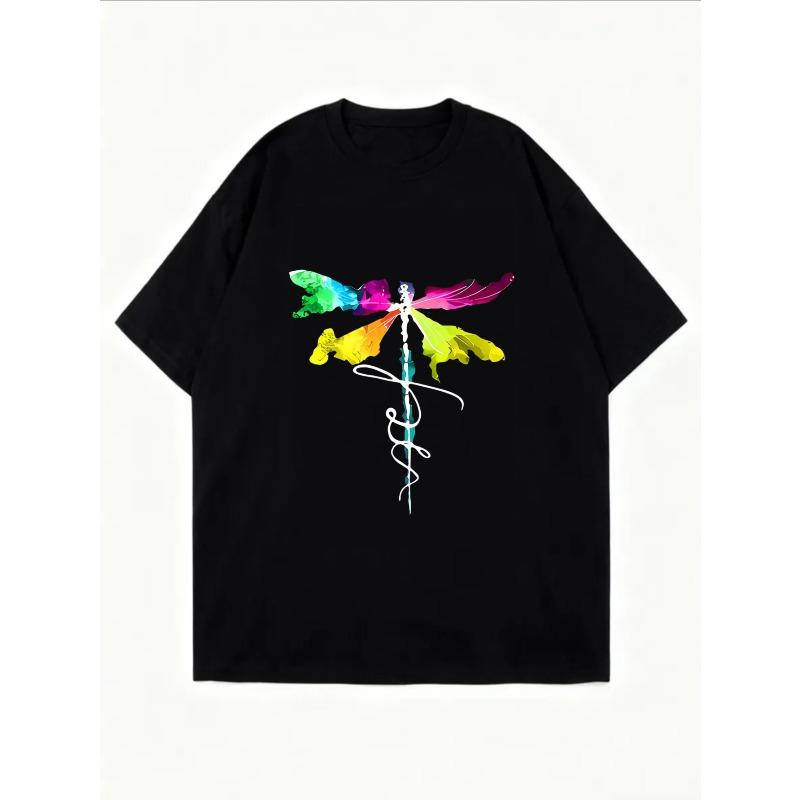 White Oversized T Shirt With Colorful Dragonfly Print For Casual Wear