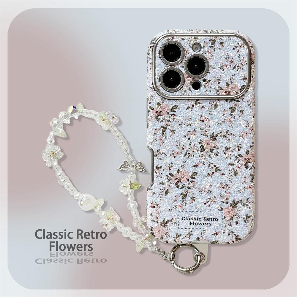 KEYSION Women Girl's Flower Phone Case for iPhone 14 15 16 17 Pro Max Rounded Edges Shockproof Cover with Bead Bracelet Chain