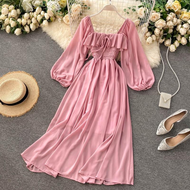 Vintage Square Collar Long Dress Woman Elastic Waist Evening Party Dresses Fashion Puff Sleeve Chiffon Dress Women Clothing 20263