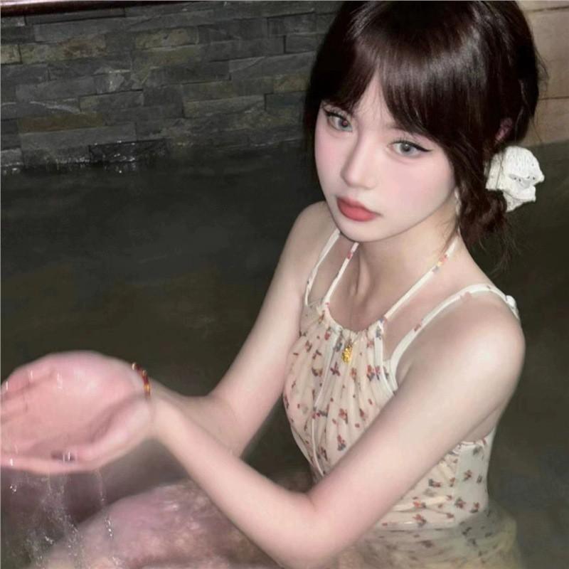 Korean Popular Swimsuit Women's Jumpsuit Style Small Fresh Sexy Pure Desire Wind Floral Hanging Neck Soaking In Hot Springs