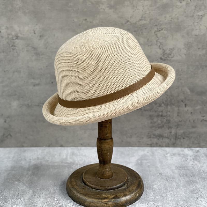 College Style Woven Small Belt Decoration Crimped Basin Hat Women'S British Retro Small Round Hat Fashion Basin Hat
