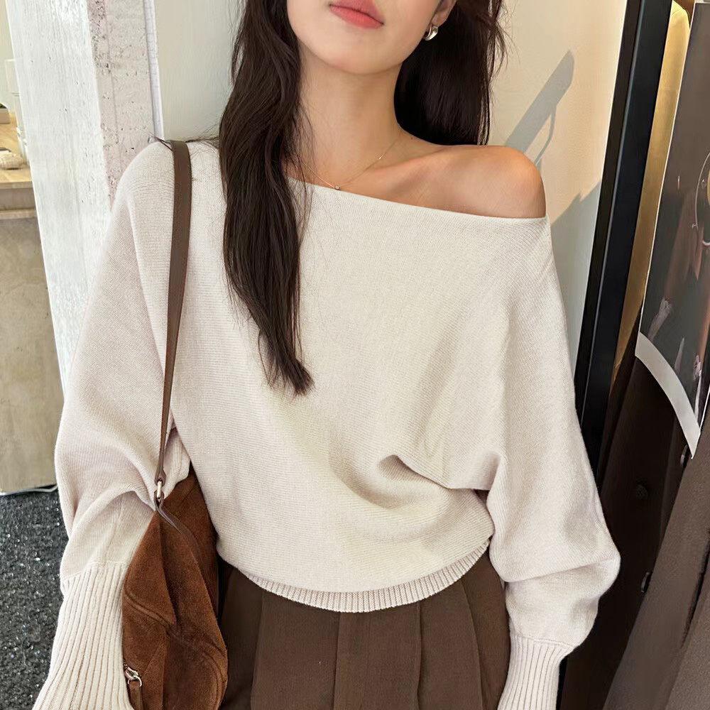Women's 2024 Autumn Elegant Casual One-Shoulder Knitted Sweater