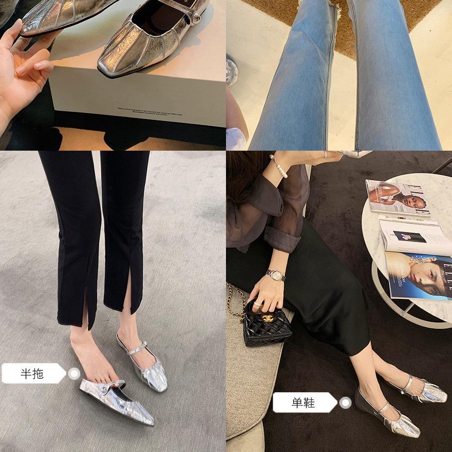 Grape Mother Leather Temperament Small Square Head Folds Word with Shallow Mouth Pearl Mary Jane Bag Head Half Slippers Women's Summer