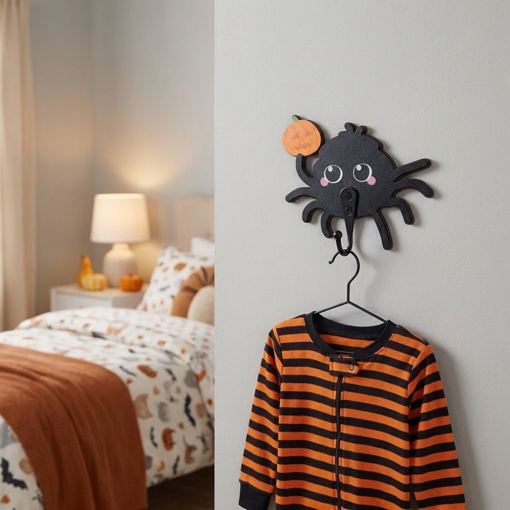Creative Wooden Halloween Cartoon Spider Hook No-Drill Gothic Style Keys Holder Cute Wall Mounted Bag Hat Hooks Home Decor