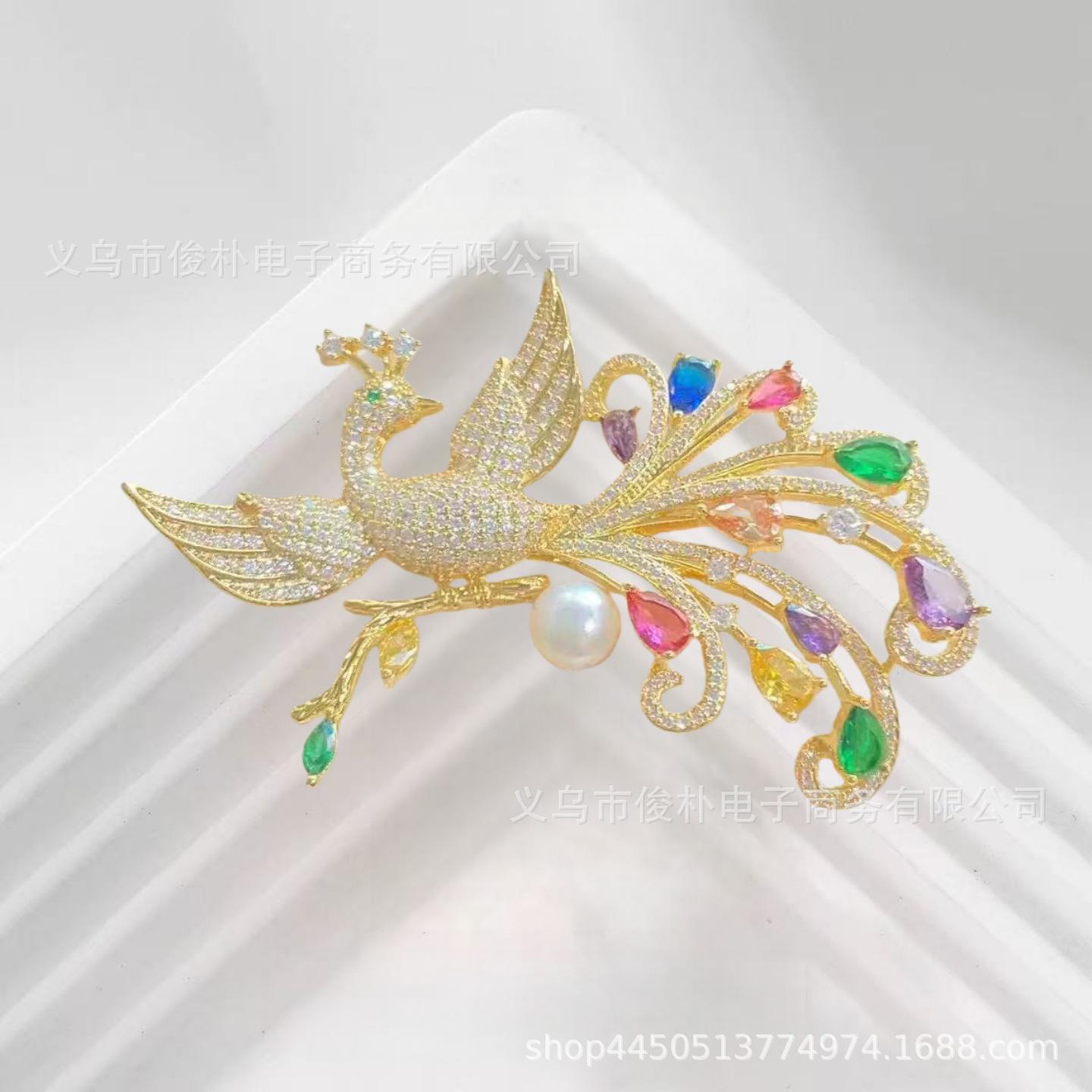 

Chinese style elegant high-end winter clothing women s coat jacket accessories corsage copper inlaid zircon phoenix brooch різнокольоровий