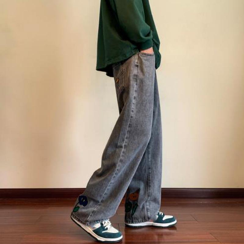 Pantaloni Jeans Largi pentru Bărbați Y2K cu Imprimeu Floral Streetwear American Casual Denim Pantaloni Hombre Vintage Drepți