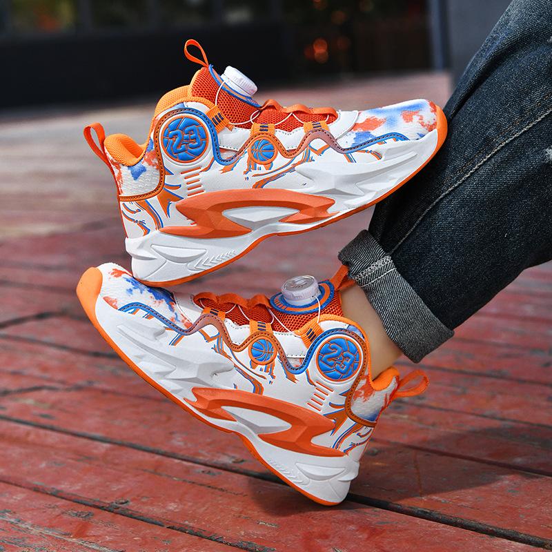 Net Shoes Spring and Autumn Actual Combat Boys Basketball Shoes Rotating Button Training Sneakers Running Shoes 6-12 Years Old