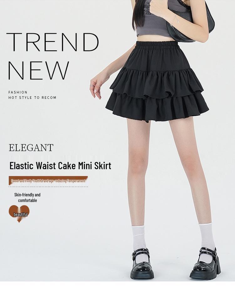 Women's Summer Black A-line Puff Short Skirt - Elastic Waist, Slimming, Anti-Exposure.