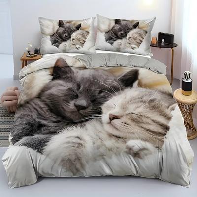 Conjunto de Roupa de Cama de Gatos de Pelúcia Fofos Impressão 3D Estilo Gato Simples Capa de Edredom de Luxo Poliéster Macio Confortável para Casa Capa de Colcha