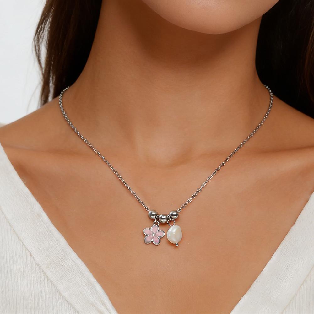 Enamel Plumeria Daisy Flower Pearl Pendant Necklaces for Women Girls Stainless Steel Imitation Pearl Gold Color Jewelry Gift