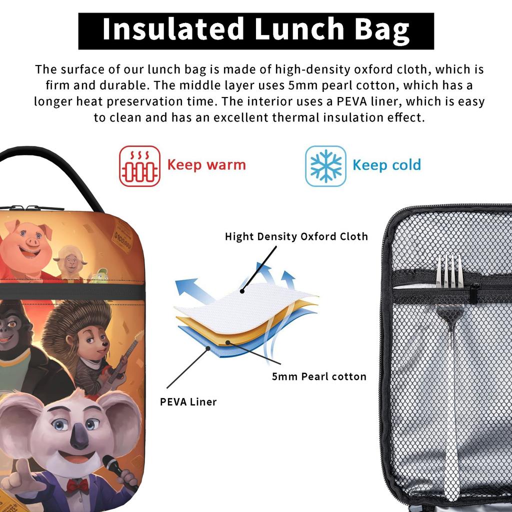 Sing Movie Characters Lunch Bag Funny Lunch Box Travel Portable Thermal Lunch Bags For Women Oxford Print Cooler Bag