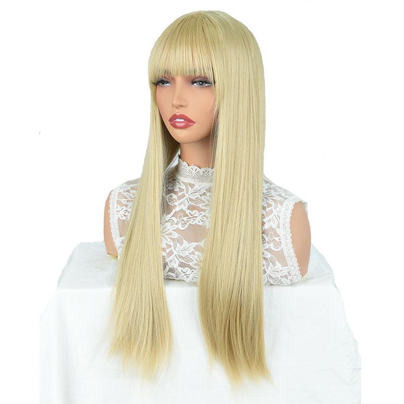 Damen Lange Gerade Goldene Perücke mit Luftpony - Natürlich, Vollkopfkappe, Atmungsaktiv, Stilvoll für den täglichen Gebrauch