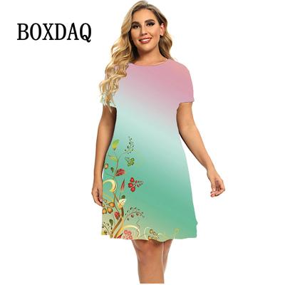 Gradient Elegant Ladies Dresses Summer Fashion Short Sleeve A-Line Party Dress Women Casual Flower Print Loose Clothes Oversized