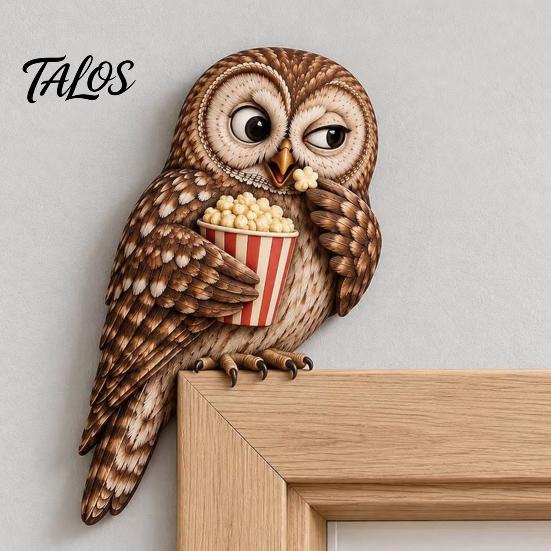 Woodland Animal Door Corner Decor Wooden Owl Topper, Sitter Decor, Whimsical Three Dimensional Bird Sculpture Ornament for Frame, Bookshelf,