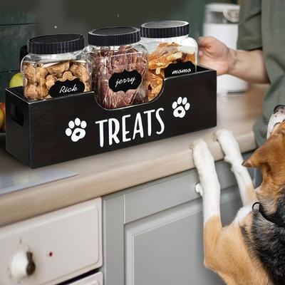 Wooden Pet Snack Storage Box with 3 Plastic Treat Jar Dog Treat Container Multifunction Snack Organizer for Cat Food Storage