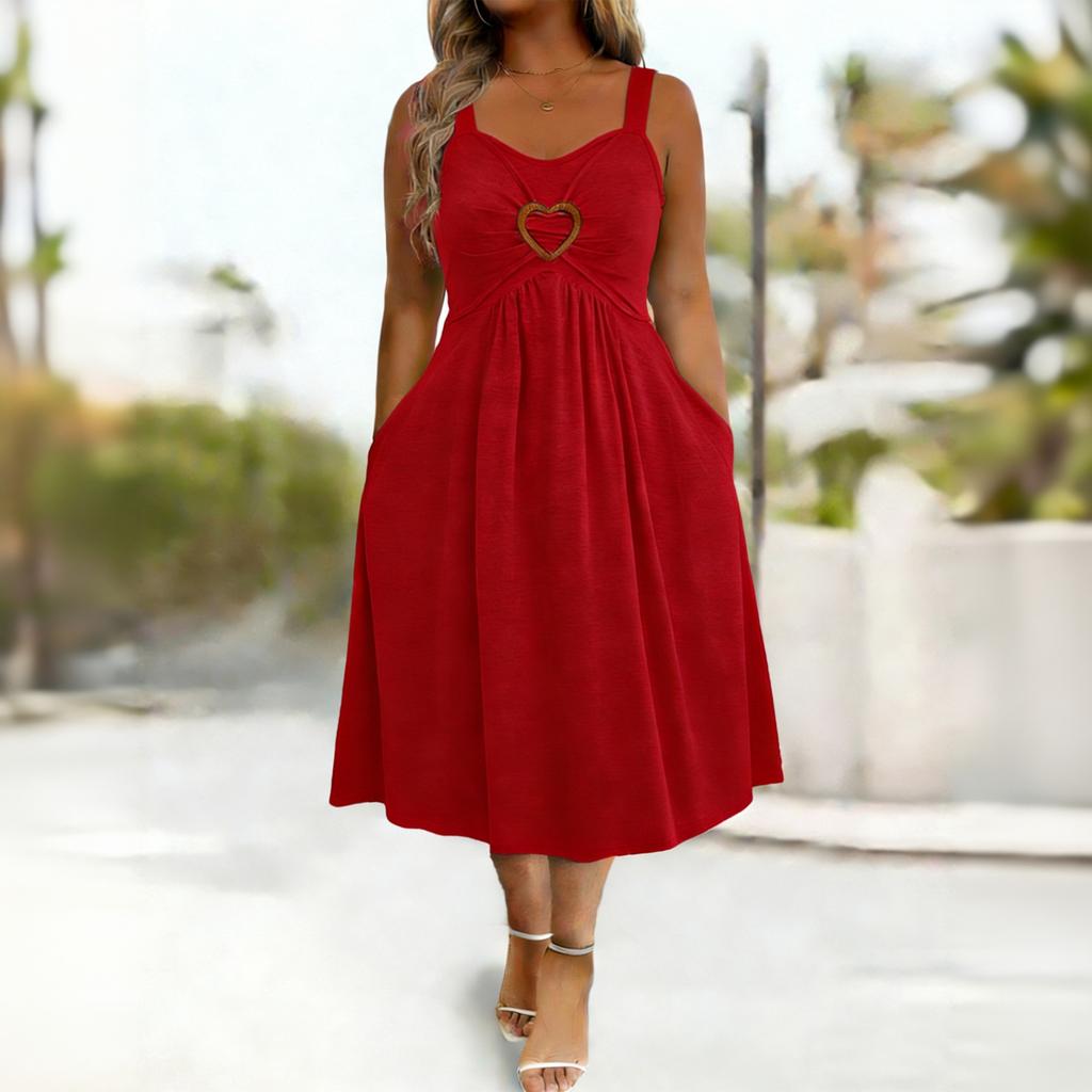 Women’s Sleeveless V Neck Heart Button Strap Dress with Flared Hem and Relaxed Fit for Casual and Daily Wear