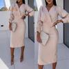 Fall Spring Women Dress V Neck Bubble Sleeves Formal Business Style Slim Fit Solid Color High Waist OL Commuting Office Midi Dress