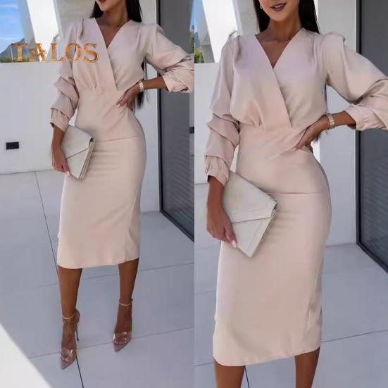 Fall Spring Women Dress V Neck Bubble Sleeves Formal Business Style Slim Fit Solid Color High Waist OL Commuting Office Midi Dress