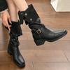New Style Women's Thick Heels Fold Pile Long Knight Boots Pointed Low Heels Casual Elegant Temperament Sleeve Slim Boots