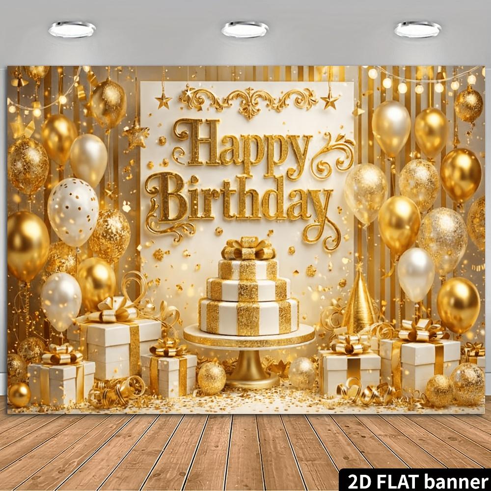 2D Flat European Carved Gold Birthday Background Cloth Gold White Balloons Paired with Three-layer Gold White Birthday Cake
