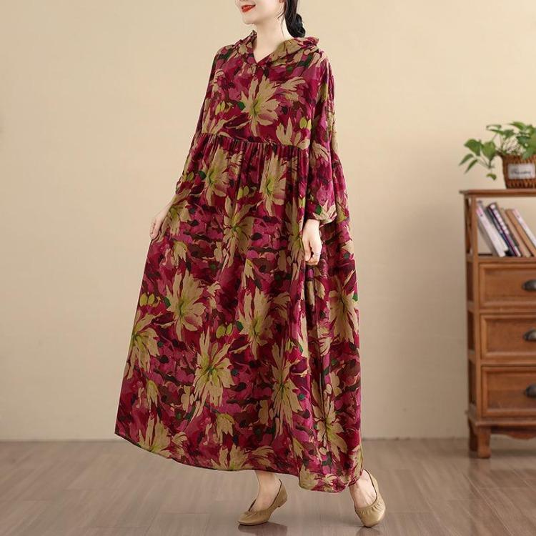 

Новое винтажное цветочное макси-платье для женщин, большого размера, оверсайз, свободное, с капюшоном, длинным рукавом, весна, лето, длинное платье, базовое One size