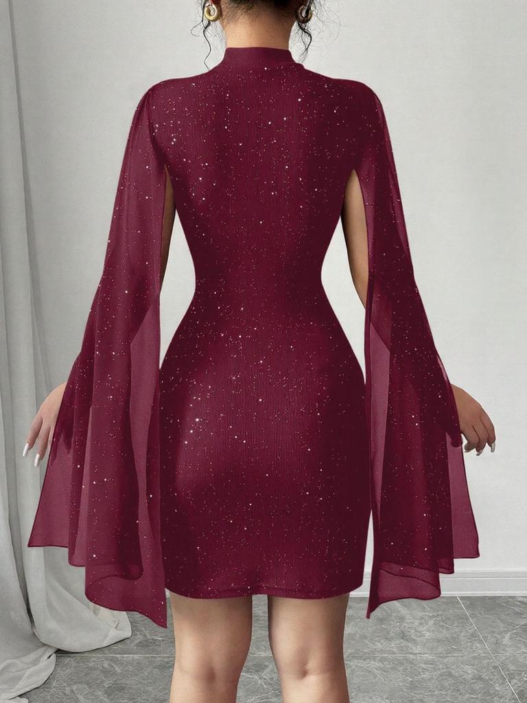 European & American Women's Ribbed Pearl Chiffon Cape Dress
