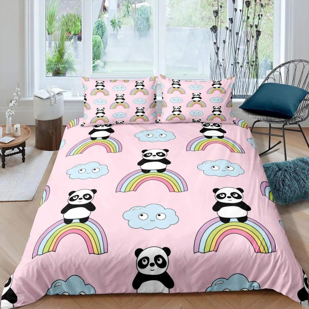 Panda Duvet Cover Set Cherry Blossoms Cute Animal Bedding Set Flower Branches Cartoon Double Queen King Polyester Quilt Cover