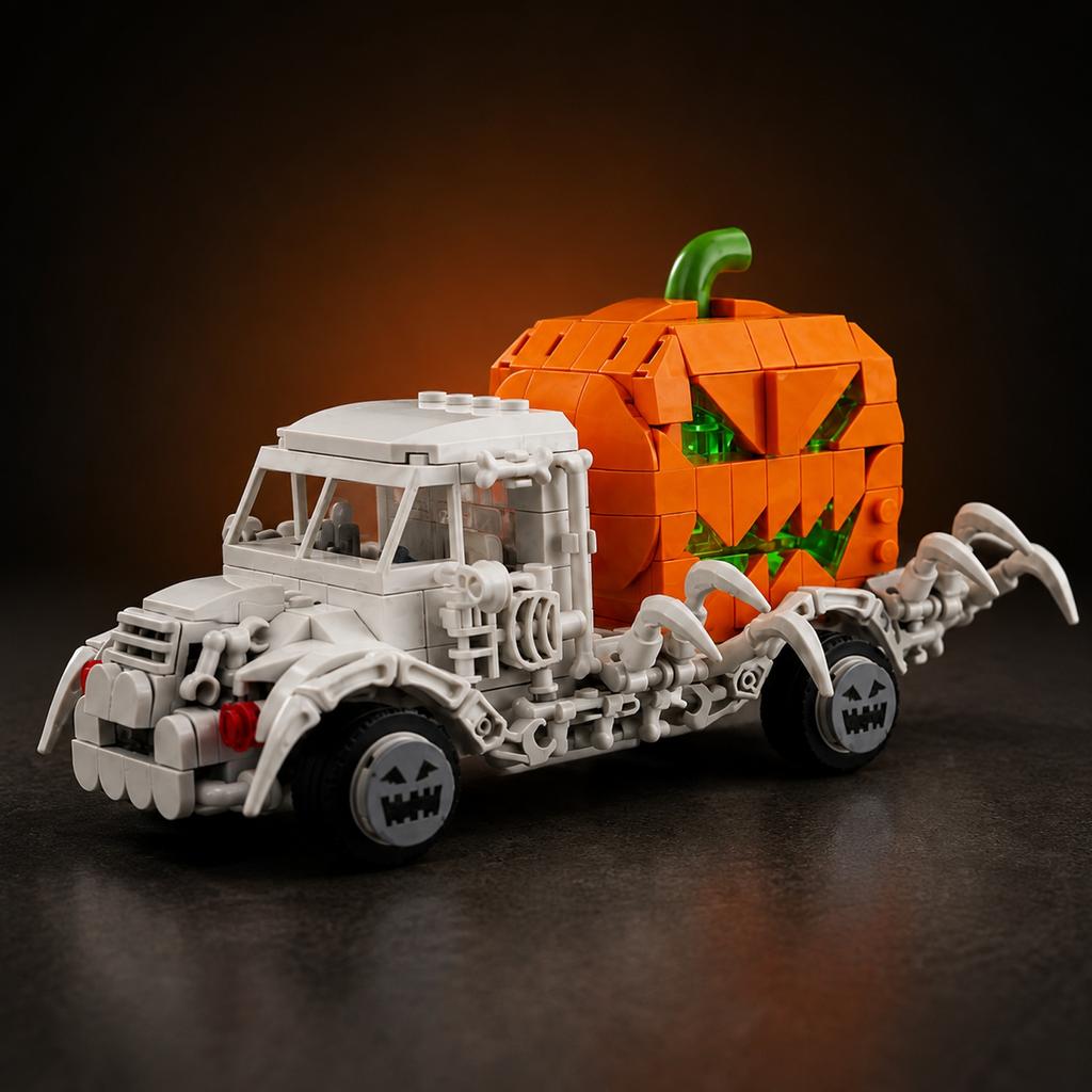 Halloween Skeleton Pumpkin Carriage Building Set with Light-Up Feature, Creative Gift for Kids and Adults
