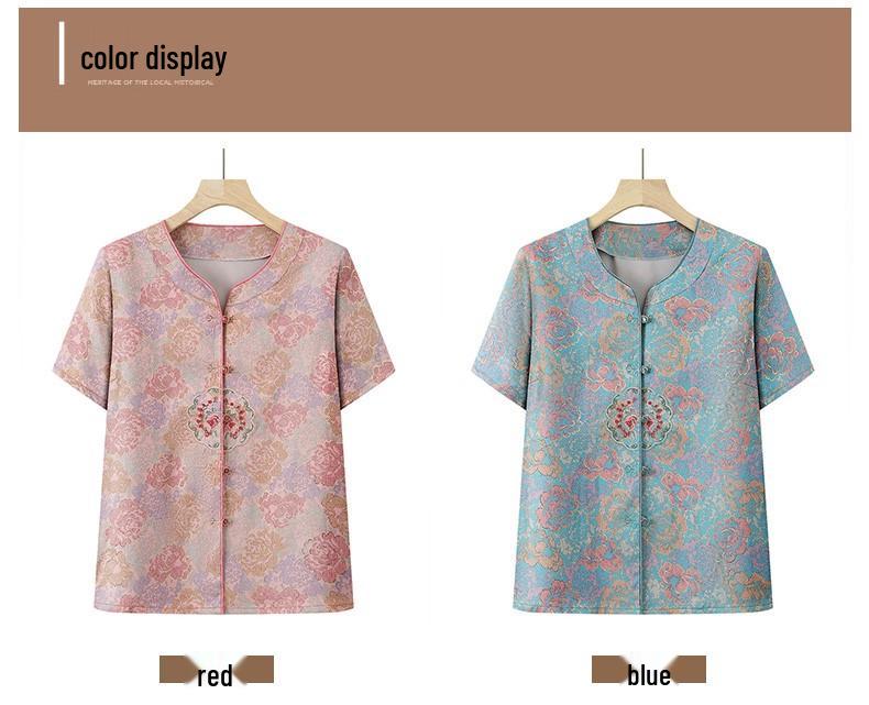 Mom's Chinese-Style Short-Sleeve Summer Top Set for Middle-Aged and Elderly Women